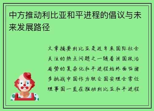 中方推动利比亚和平进程的倡议与未来发展路径