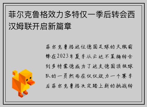 菲尔克鲁格效力多特仅一季后转会西汉姆联开启新篇章