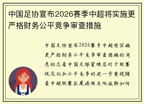 中国足协宣布2026赛季中超将实施更严格财务公平竞争审查措施