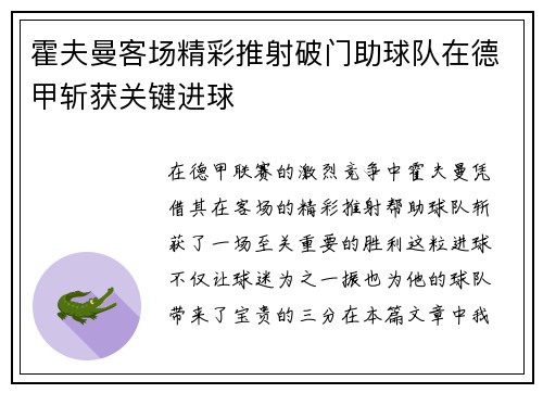 霍夫曼客场精彩推射破门助球队在德甲斩获关键进球