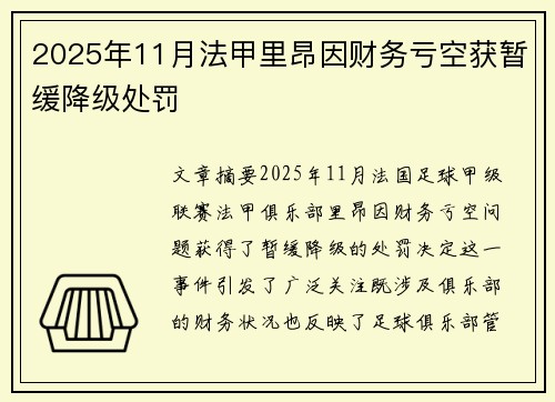 2025年11月法甲里昂因财务亏空获暂缓降级处罚